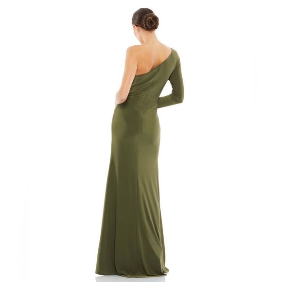 NWT Mac Duggal One Sleeve Beaded Cuff Side Twist Gown Olive 8 55696 - Picture 3 of 10